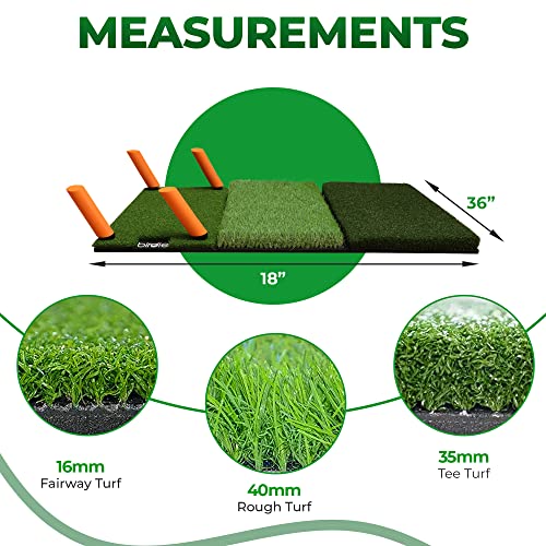 Birdie Golf Turf Practice Mat – Large 3-In-1 Golf Hitting Mat With Different Artificial Grass Turfs – Practical And Versatile Golf Swing Mat For Indoor/Outdoor Use – Non-Slip Rubber Base #TOP1