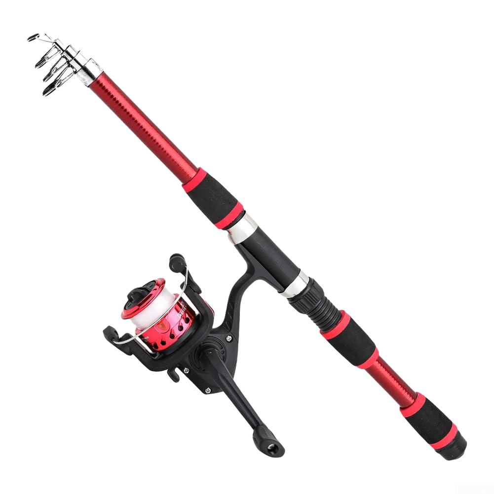 Fishing Rod and Reel for combo Telescopic 1.8m Travel Spin Kit Fiberglass Pole with Smooth Bearings for Coarse Sea(1.8m Red)