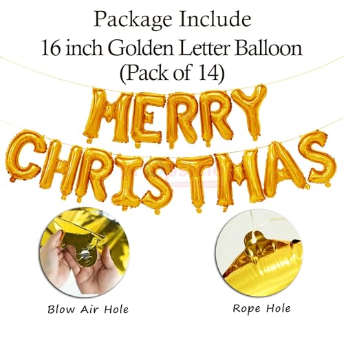 Image of Propsicle 16 inch Golden Letter Merry Christmas Foil Balloon Merry Christmas Party Decoration Xmas Decor Indoor Balloon - Pack of 14 Balloons