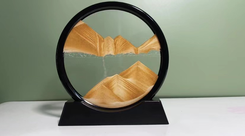 Bewegende Zandbeeld Art Picture Decoratie, 3D Moving Sand Art Foto Ronde Glas Frame, Diep Zee Vloeiende Zandschilderij, Dynamisch Zandloper Zandlandschap Home Office Work Desktop Decor(Zwart, 7