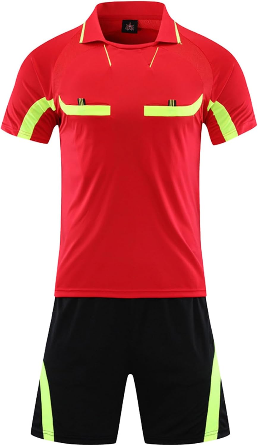 Mens Soccer Referee Costume Short Sleeve T-shirt Referee Soccer Jersey and Shorts Set with Pockets Tracksuit