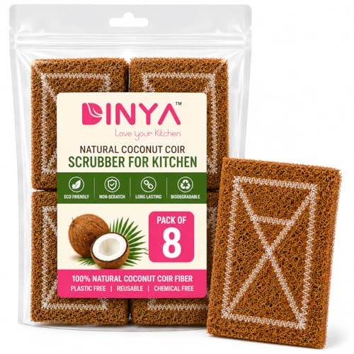 Coir Scrubber for Utensils (Pack of 8) | 100% Coconut Coir Dishwashing Scrub Pads | Non-Toxic & Biodegradable | Scratch-Free for Non-Stick Utensils | 5X Long-Lasting, Plastic-Free
