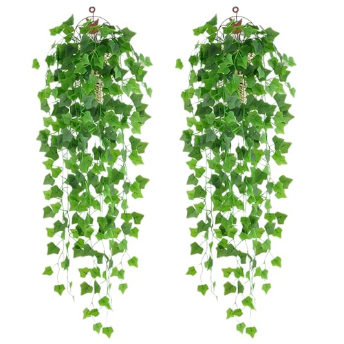 DabbOo 2 Stück Künstliche Hängepflanzen Plastikpflanzen Hängende Efeu Pflanzen Kunstpflanzen Kunstblumen Hängepflanzen wie Echt Grüne Dekoration Geeignet für Garten, Hochzeit, Balkon, Hängekörbe