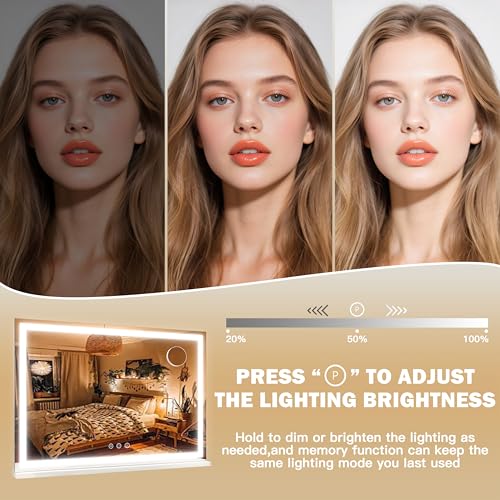 Image of ROLOVE Large Vanity Mirror with Lights 35.5 inch x 27 inch, LED Hollywood Makeup Mirror with USB Charging Port, 3 Color Modes, Dimmable Touch Control, 10X Magnification, Wall Mounted or Tabletop