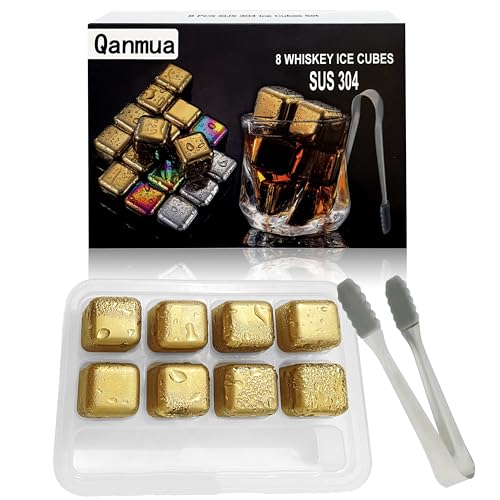 Qanmua 8er Whisky Steine Wiederverwendbar, Edelstahl Wiederverwendbar Whisky Steine Set Schnell Kühltechnologie, Edelstahl Eiswürfel für Kühlen von Whiskey oder Wein Cocktail Barzubehör Gold