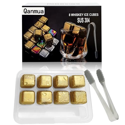 Qanmua 8 Stück Eiswürfel Edelstahl, Whisky Steine Set + Clips SUS 304 Edelstahl Eiswürfel Metall Wiederverwendbar, Ice Cube für Kühlen von Whiskey oder Wein Cocktail Barzubehör Schnelle Kühlung Gold