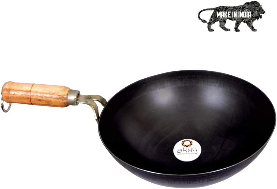 Akky Original Iron/Loha Kadhai/Fry Kadhai Bottom Deep Chinese Wok with Wooden Handle for Frying and Cooking (10 inch / 25.4 cm), 2.5L