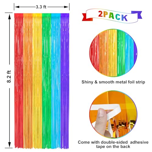Image of 2 Pack Rainbow Foil Fringe Curtains Streamers Party Decorations 3.3 x 8.2 ft, Tinsel Curtain Fringe Backdrop for Parties, Door Fringe Birthday Streamers, Barbie Backdrop Birthday Party Decorations