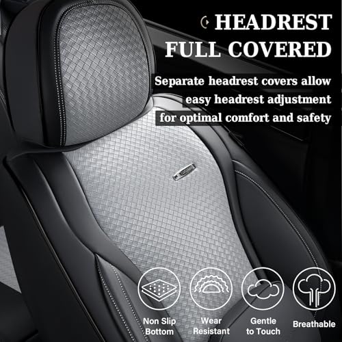 Image of Coverado Seat Covers, Car Seat Covers Front Seats, Waterproof Nappa Leather Auto Seat Cover with Lumbar Head Pillow, Black Gray Seat Covers Carseat Cover Universal Fit for Most Cars