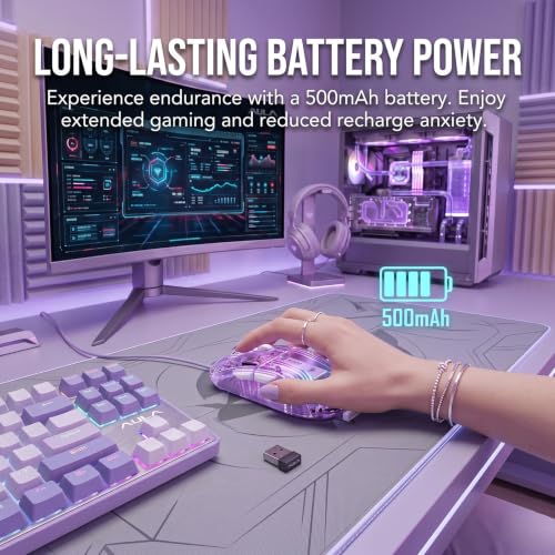 Image of RGB Magnetic Charging Dock Gaming Mouse, 12K DPI, PAW3311 Sensor, Tri-Mode Wireless, 6 Programmable Buttons, Ultra-Light 72g for PC /Mac (Purple- Transparent)