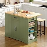 Lefurture 47' Kitchen Island with Seating, Stationary Island Table with Storage Include 2 Chairs, Kitchen Islands with Drop Leaf, Dining Table with Trash Cabinet & Power Outlet & Spice Rack, Green
