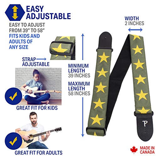 Perri’s Leathers Ltd.- Guitar Strap - Nylon - Jacquard – Yellow Stars/Green- Adjustable - For Acoustic/Bass/Electric Guitars - Made In Canada (Tws-7070) #TOP1