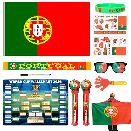 World Cup 2026 Soccer Fan Support Kit 11PCS, World Cup Merch for Fans Accessories, Flag, Scarf, Glasses, Cheering Sticks, Clapper & Schedule Poster, Fan Gear for Match Day & Parties (Portugal)