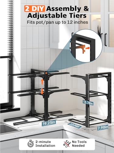 Image of MUDEELA 6-Tier Pots and Pans Organizer under Cabinet, 13.78 inch Height Heavy Duty Pot and Pan Organizer Kitchen Cabinet Organization and Storage, Adjustable Pot Rack for Frying Pan, Cast Iron Skillet