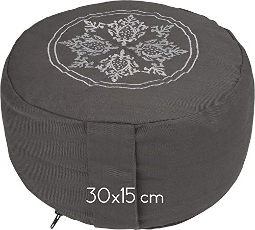 Tvamm Lifestyle Coussin rond de méditation 7 chakras (Zafu), coques de sarrasin, Ø 36 cm x 15 cm, housse et coutil 100 % coton, housse et coutil lavables en machine à 30 °C (gris 30 x 15)