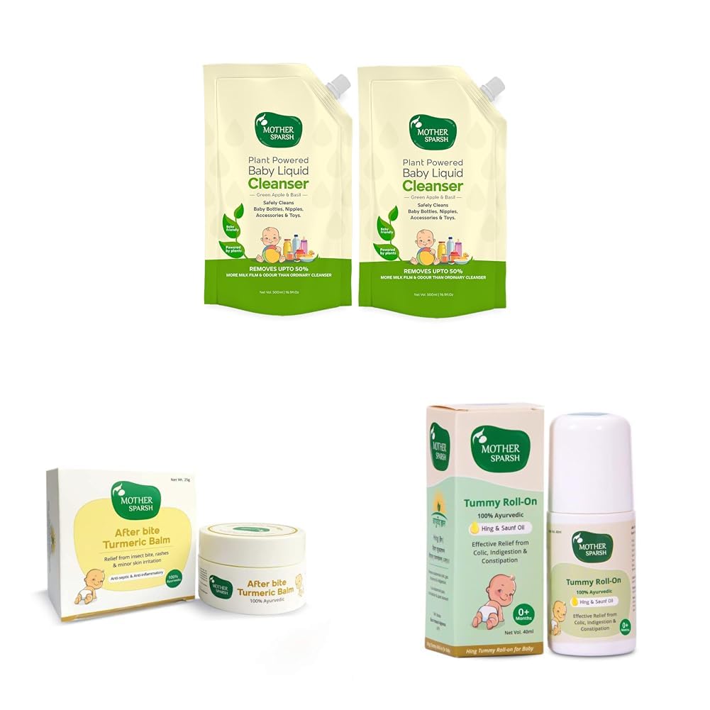 Mother Sparsh Natural Baby Liquid Cleanser Refill Pack (1L) & After Bite Turmeric Balm for Rashes and Mosquito Bites, 25gm & Tummy Roll On For Baby, Colic Relief - 40ml-image-41