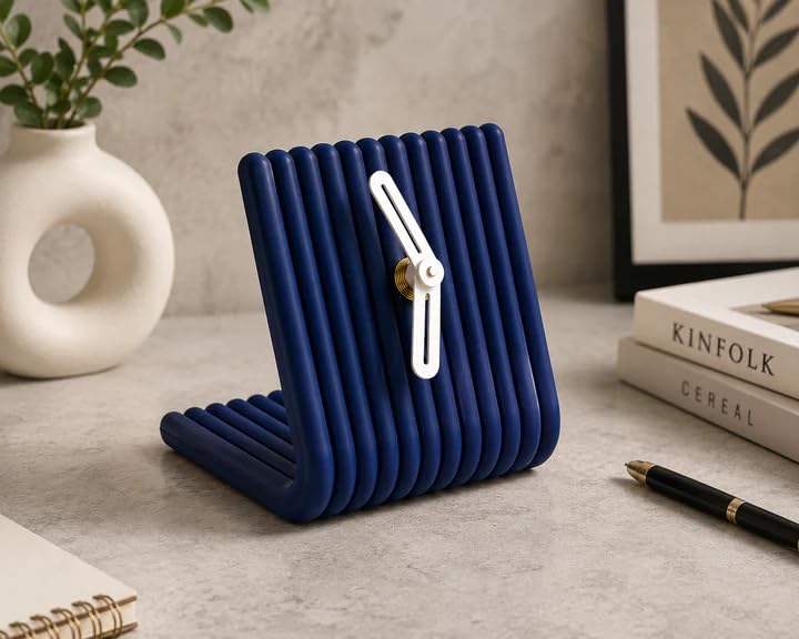 Image of CORAL TREE Modern Loop Table Clock | Blue Ribbed Desk Clock | Decorative Clock for Home & Office Navy Blue