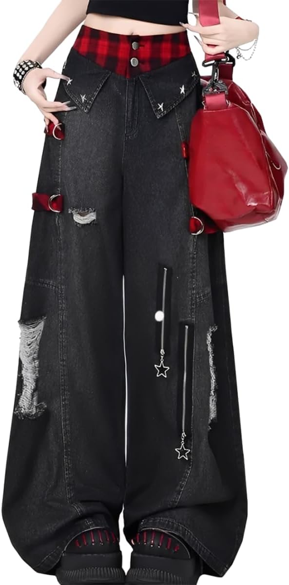Harajuku Gothic High Waisted Straight Leg Jeans Y2K Casual Ripped Fringe Patchwork Star Zipper Denim Pants