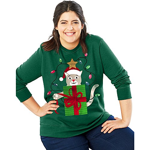 Just My Size Women's Size Plus Ugly Christmas Sweatshirt, Crazy Catmas/Emerald Night,...