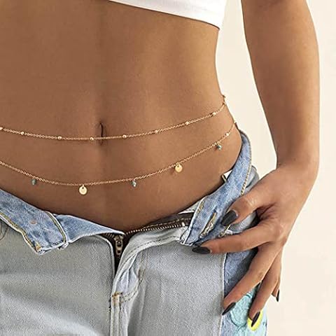 Flovel Boho Beaded Belly Chain Turquoise Waist Chain Gold Sequins Body Chain Adjustable Jewellery for Women and Girls Cover