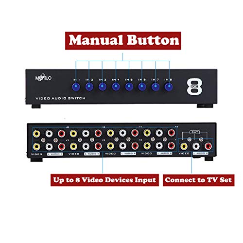 AuviPal 8-Way RCA Switcher 8 in 1 Out Composite Video L/R Audio AV Selector Box for DVD VCR VHS/AV Receiver/Game Consoles - Thumbnail 7