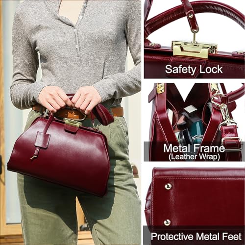 Image of CONTACTS Doctor Bag Purse for Women Luxury Leather Handbag with Lock Shoulder Bag Vintage Top Handle Bag