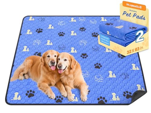 Image of WanpeeGoo Washable Pee Pads for Dogs, Waterproof, 32 x 63 in, 2 Pack, Blue | Super Absorbent, Waterproof and Non-Slip; Washable, Reusable Dog Pads for Crates, Playpens, Floors, Furniture and Travel