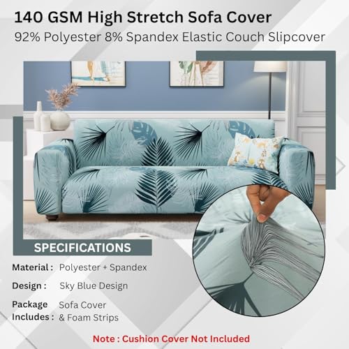 Image of Lukzer 5 Seater Sky Blue Universal Sofa Cover 3+1+1 Seater | 360 Fully Covered Anti-Slip Washable Couch Cover Protecter | 140 GSM Stretch Fit Polyester + Spandex Slipcover (SC-020-05)