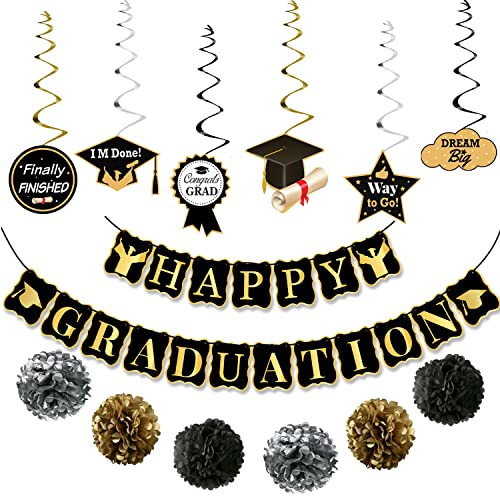 Image of KatchOn, Happy Graduation Banner Set - Pack of 19, No DIY | Graduation Backdrop, Swirls, Pompoms for Graduation Decorations Class of 2026 | Black and Gold Graduation Decorations 2026