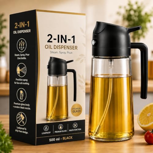 Image of RARE-ZONE 500ml Oil Sprayer and Dispenser Bottle, 2-in-1 Cooking Oil Spray and Pourer for Air Fryer, Vinegar and Kitchen Use, (Multicolor)