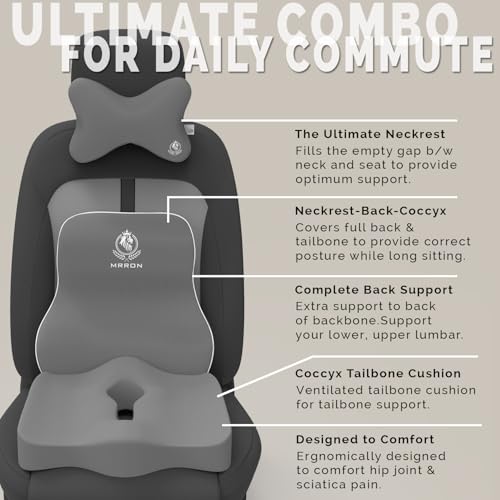 Image of MRRON Memory Foam Car Seat Cushion Combo - Backrest, Coccyx Cushion & Neckrest - Orthopedic Support for Back, Sciatica & Neck Pain - Ergonomic Comfort for Car, Office. (Grey, Long Back)