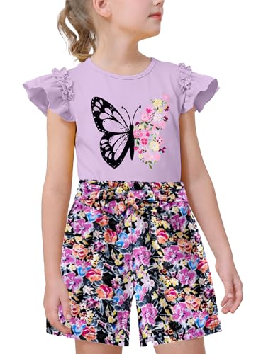 Image of mksodop Girls outfits 2-Piece ruffled short sleeve butterfly floral print high waist floral shorts girls summer clothes