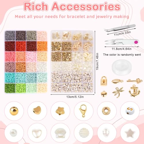 Image of SANNIDHI DIY Jewelry Making Bead Kit, 24-Color Glass Seeds Beads Set with Letter Beads, Pearl & Shell Beads, Gold Charms, Findings, String & Tools for Bracelets, Necklaces, Earrings and Anklets