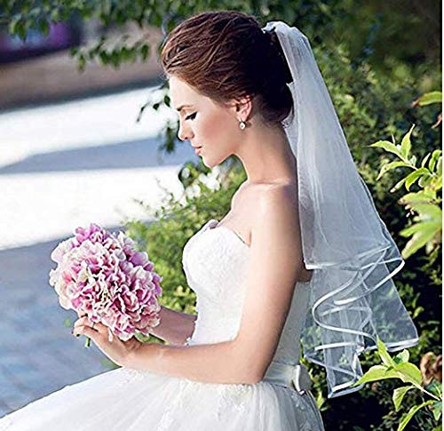 White Wedding Veil,2 Tier Ribbon Edge Center Cascade Bridal Veil With Comb For Bachelorette Party #TOP6