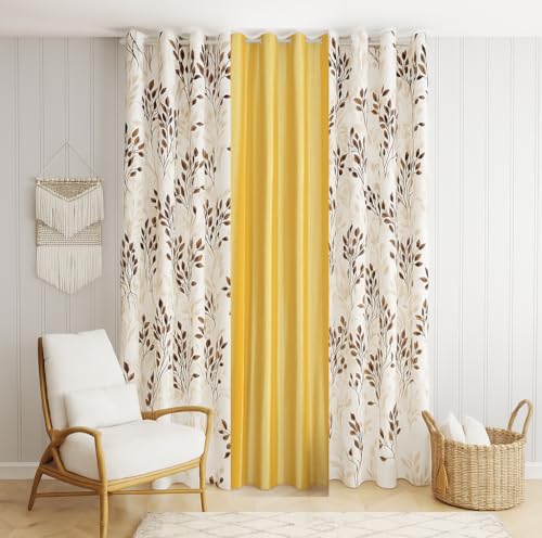 Image of DEVSANG Polyester 2 Print and 1 Plain Curtains Set of 3, Brown&Yellow&White 9 Feet
