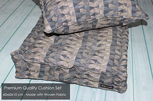 Image of Woven Quilted Floor Cushion Set 60x60x10 CM Grey Shiny Triangle with Fillers & Back Cushion, Large Size for Seating, Patio Seat, Meditation, Yoga, Pooja, Guests, Living 24x24x4 Inch