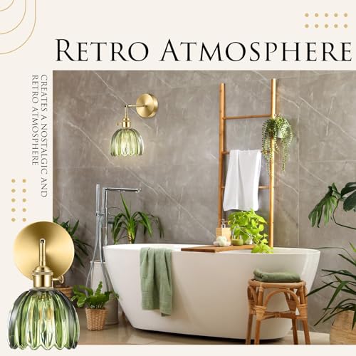 Image of Rossesay 2 Pcs Vintage Wall Sconce with Tulip Glass Shade 180 Degree Adjustable Hanging Brass Sconces Hardwired Modern Lamp Fixtures Decor for Bedside Indoor Doorway Including Light Bulb (Green)