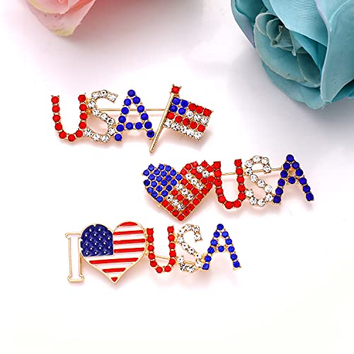 Image of American Flag Brooches 4 th of July Patriotic Red White Blue Rhinestone USA Letter Cross Eagle Map Heart Ribbon Brooch Pin Bulk Vintage Fourth of July Celebrate Independence Day Lapel Pins for Women Men