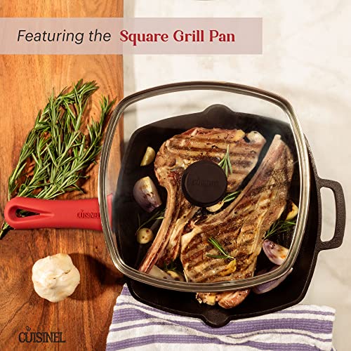 Image of Cuisinel Cast Iron Cookware 18-Piece Set - Pre-Seasoned 6 inch + 8 inch + 10 inch + 12 inch Skillet + Grill Pan+Lid + Griddle + Pizza Pan + Dutch Oven+Pan Cover + Panrack + Silicone Handle Grips + Pan Scraper /Cleaner