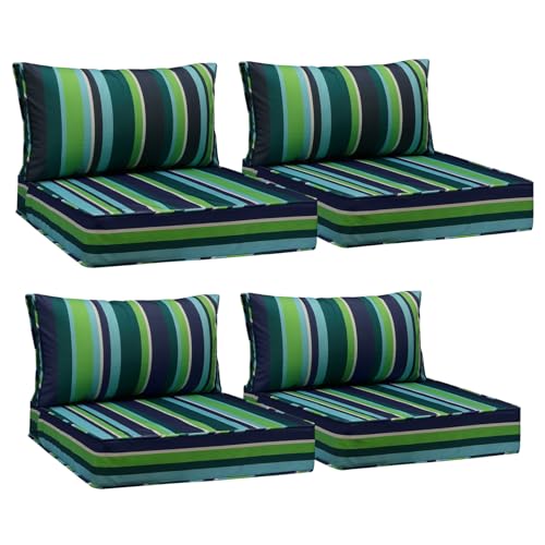 Image of AAAAAcessories Outdoor Seat Cushions for Chairs, Fade-Resistant, Waterproof Patio Furniture Replacement Cushions, 25.5 inch x 25.5 inch x 5 inch + 25.5 inch x 13.5 inch, Set of 4, Stormy Teal Coastal Stripe