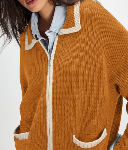 CHARTOU Casual Knit Zip Up Sweater for Women 2025 Fall Outfits Contrast Trim Open Front Cardigan Sweater Outwear Coats4
