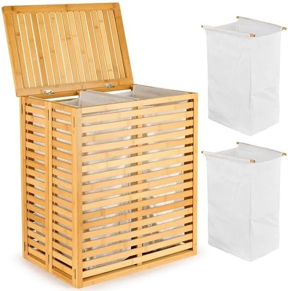 Bamboo Laundry Hamper with Lid – Foldable Clothes Basket with 2-Section Removable Liner Bag, Space-Saving Laundry Sorter for Bathroom, Bedroom, and Laundry Room (Natural, 21.69'L x 13.85'W x 25.39'H)