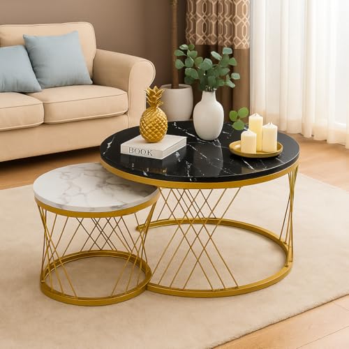 Image of Brown Art SHOPPEE Home Decor Furniture Round Side Coffee Table Sets,2 Piece MDF Top Couch Table,Stacking Nesting Table with Iron Frame for Living Room Living Room or Lounge (Gold & Black,White)