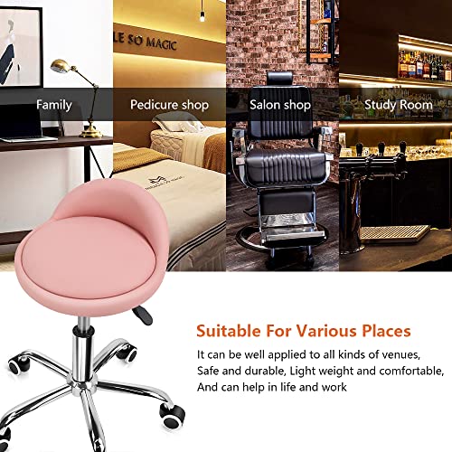 Image of KKTONER PU Leather Round Rolling Stool with Back Rest Height Adjustable Swivel Drafting Work SPA Task Chair with Wheels Pink