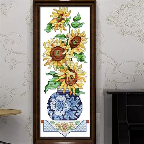 Image of JOYSEWING Sunflowers Stamped Cross Stitch Kits Printed Embroidery Needlework Starter Kits for Beginners11CT Embroidery Patterns Art Crafts DIY Needlepoint Kit- Sunflower in vase(11CT) 9.06 x21.26 inch