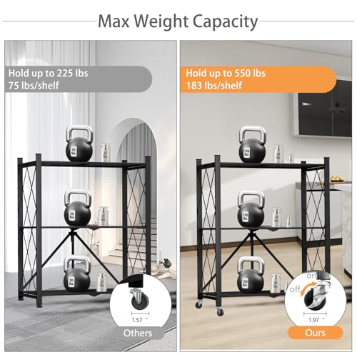 Image of 3 Tier Foldable Storage Shelf with Wheels Garage Shelving | Unit Loads 550 LBS, Metal Steel Collapsible Shelves, Rolling Standing Utility Rack for Kitchen, Pantry, Office, Black