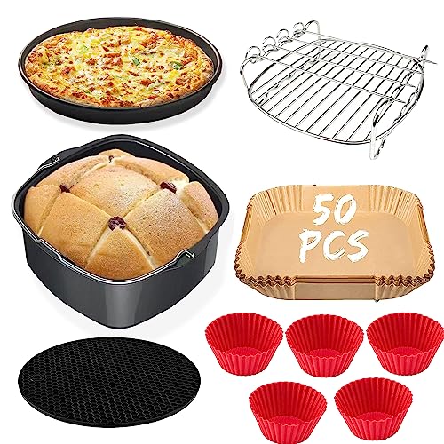 Accesorios para freidoras sin aceite son adecuados para la freidora de COSORI 5,5L, Molde para respostería, Bandeja para pizza, Estera de silicona, papel para freidora, pack 6 para Accesorios freidora