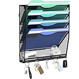 Gawerk 5-Tier Hanging Wall File Organizer with 5 Hooks - Wall Mounted Mail Paper Document Folder Holder, Sturdy Mesh Magazine Rack for Office Home