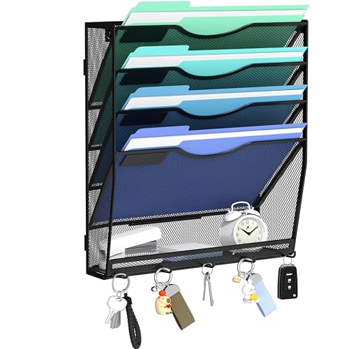 Gawerk 5-Tier Hanging Wall File Organizer with 5 Hooks - Wall Mounted Mail Paper Document Folder Holder, Sturdy Mesh Magazine Rack for Office Home