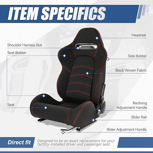 Auto Dynasty Pair of Racing Seat Universal Woven Fabric Reclinable Bucket Seats with Bottom Mount Sliders and Bracket, 35 (H) x 21.5 (W) x 21.5 (D) Inches, Driver and Passenger Side, Black/Red